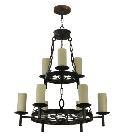 Meyda Lighting Newcastle 33" 9-Light 2-Tier Coffee Bean Chandelier With Ivory Candle Shade