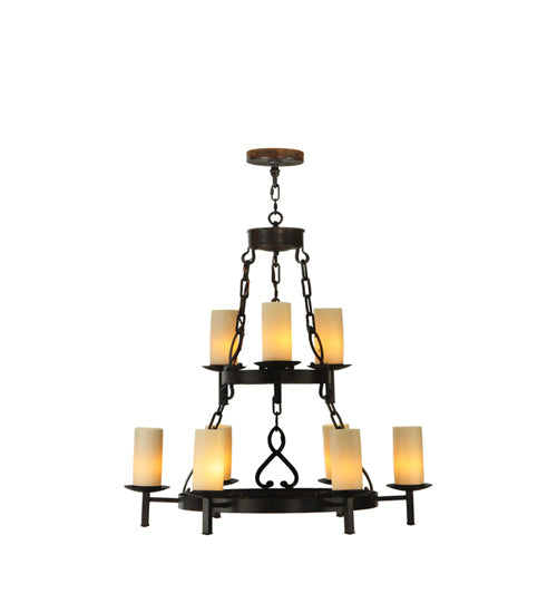 Meyda Lighting Newcastle 33" 9-Light 2-Tier Coffee Bean Chandelier With Ivory Candle Shade