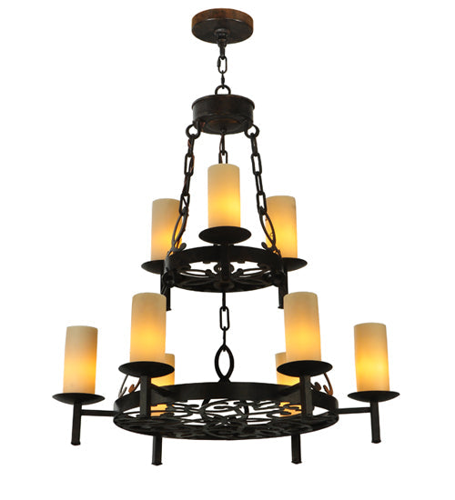 Meyda Lighting Newcastle 33" 9-Light 2-Tier Coffee Bean Chandelier With Ivory Candle Shade