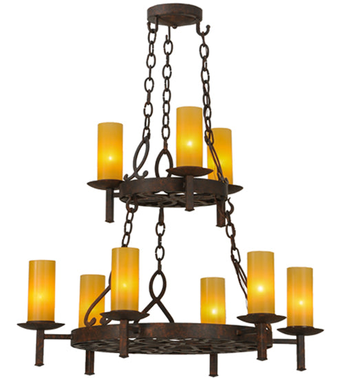 Meyda Lighting Newcastle 33" 9-Light 2-Tier Rusty Nail Textured Chandelier With Beige Shade Glass
