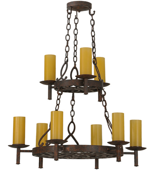 Meyda Lighting Newcastle 33" 9-Light 2-Tier Rusty Nail Textured Chandelier With Beige Shade Glass
