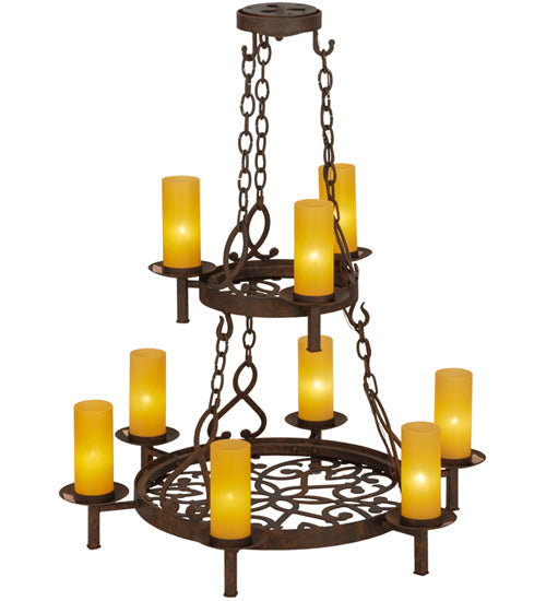 Meyda Lighting Newcastle 33" 9-Light 2-Tier Rusty Nail Textured Chandelier With Beige Shade Glass