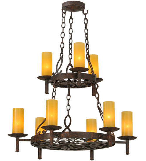 Meyda Lighting Newcastle 33" 9-Light 2-Tier Rusty Nail Textured Chandelier With Beige Shade Glass