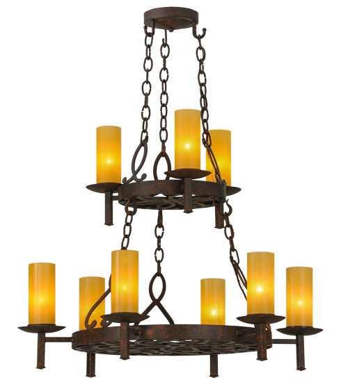Meyda Lighting Newcastle 33" 9-Light 2-Tier Rusty Nail Textured Chandelier With Beige Shade Glass