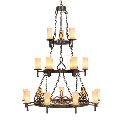 Meyda Lighting Newcastle 48" 18-Light 3-Tier Old Copper Pot Chandelier With Beige Sahara Taupe Idalight Shade