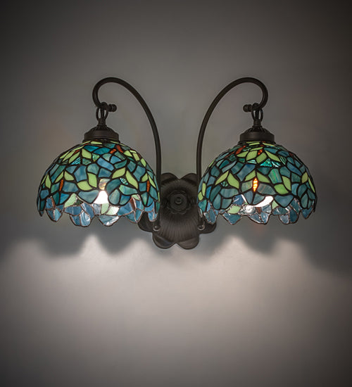 Meyda Lighting Nightfall Wisteria 18" 2-Light Mahogany Bronze Wall Sconce With Green & Blue Shade Glass