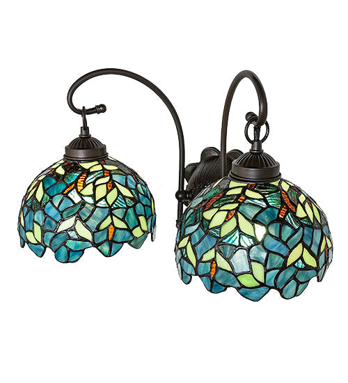 Meyda Lighting Nightfall Wisteria 18" 2-Light Mahogany Bronze Wall Sconce With Green & Blue Shade Glass