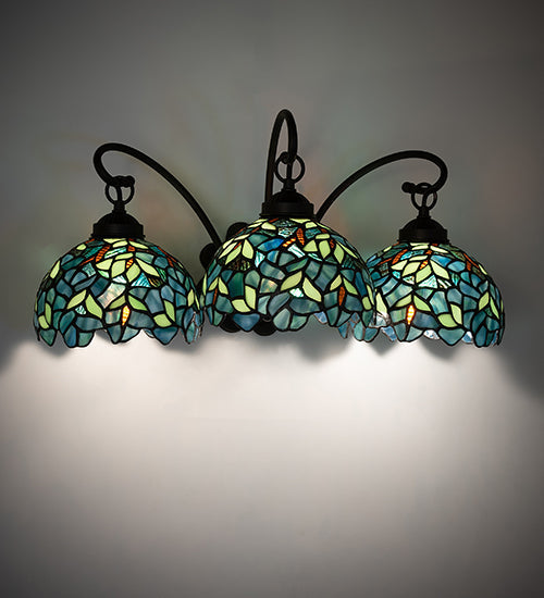 Meyda Lighting Nightfall Wisteria 22" 3-Light Mahogany Bronze Wall Sconce With Green & Blue Shade Glass