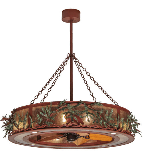 Meyda Lighting Northwoods Bear 50" 12-Light Rust & Green Branches Pine Branch Chandelier With Silver Mica Shade Glass and Fan