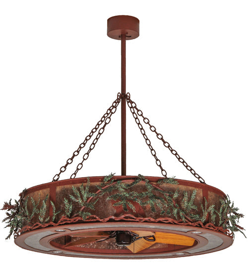 Meyda Lighting Northwoods Bear 50" 12-Light Rust & Green Branches Pine Branch Chandelier With Silver Mica Shade Glass and Fan