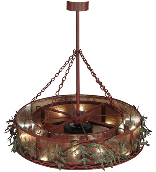 Meyda Lighting Northwoods Bear 50" 12-Light Rust & Green Branches Pine Branch Chandelier With Silver Mica Shade Glass and Fan