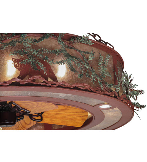 Meyda Lighting Northwoods Bear 50" 12-Light Rust & Green Branches Pine Branch Chandelier With Silver Mica Shade Glass and Fan