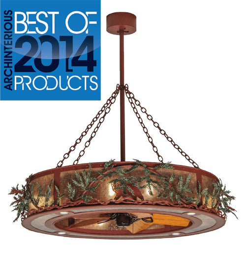 Meyda Lighting Northwoods Bear 50" 12-Light Rust & Green Branches Pine Branch Chandelier With Silver Mica Shade Glass and Fan