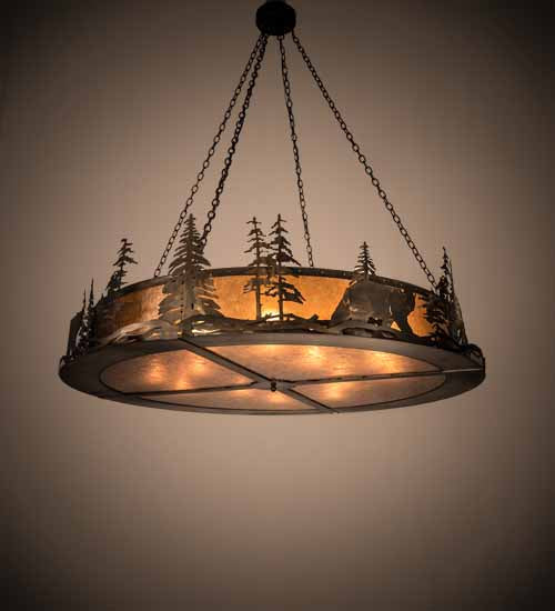 Meyda Lighting Northwoods Bear at Dusk 66" 12-Light Antique Copper Inverted Pendant Light With Amber Mica Shade Glass