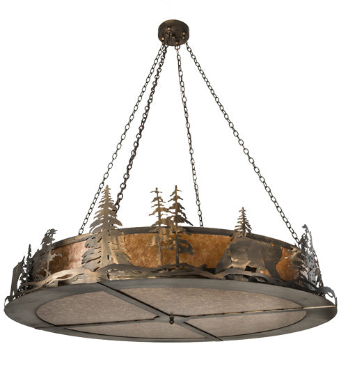 Meyda Lighting Northwoods Bear at Dusk 66" 12-Light Antique Copper Inverted Pendant Light With Amber Mica Shade Glass