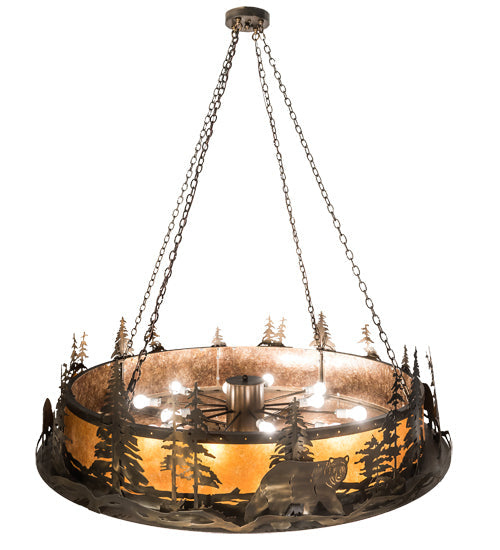 Meyda Lighting Northwoods Bear at Dusk 66" 12-Light Antique Copper Inverted Pendant Light With Amber Mica Shade Glass