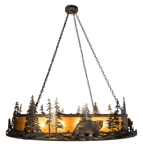 Meyda Lighting Northwoods Bear at Dusk 66" 12-Light Antique Copper Inverted Pendant Light With Amber Mica Shade Glass