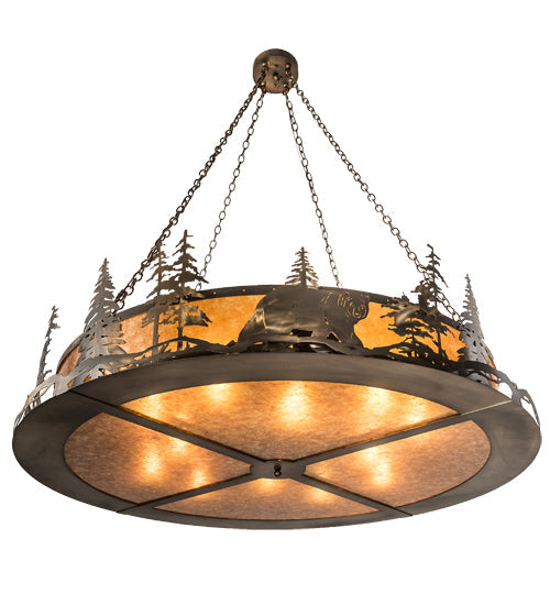Meyda Lighting Northwoods Bear at Dusk 66" 12-Light Antique Copper Inverted Pendant Light With Amber Mica Shade Glass
