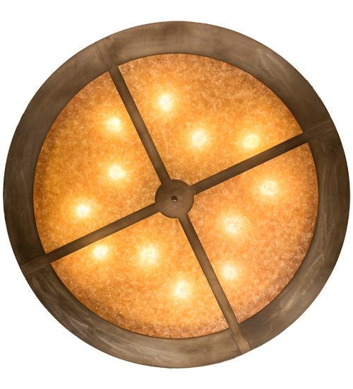 Meyda Lighting Northwoods Bear at Dusk 66" 12-Light Antique Copper Inverted Pendant Light With Amber Mica Shade Glass