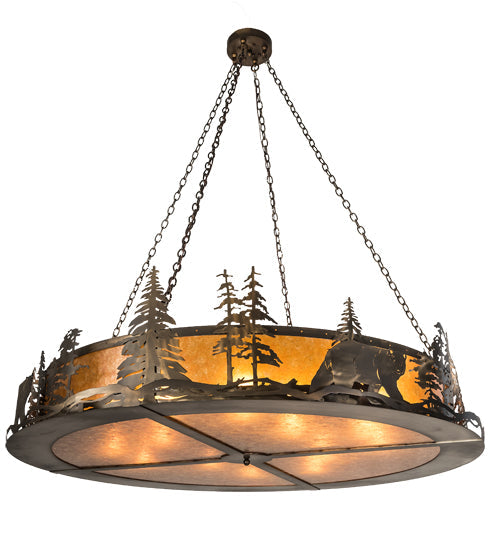 Meyda Lighting Northwoods Bear at Dusk 66" 12-Light Antique Copper Inverted Pendant Light With Amber Mica Shade Glass