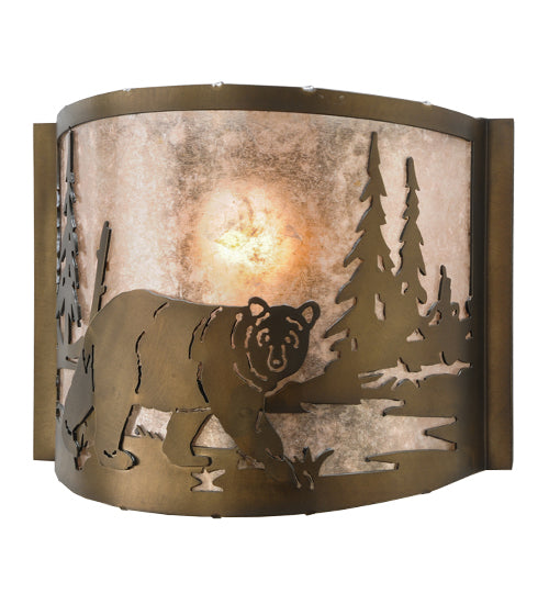 Meyda Lighting Northwoods Bear at Lake 12" Antique Copper Wall Sconce With Silver Mica Shade Glass