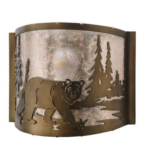 Meyda Lighting Northwoods Bear at Lake 12" Antique Copper Wall Sconce With Silver Mica Shade Glass