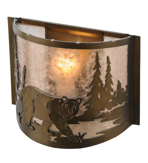 Meyda Lighting Northwoods Bear at Lake 12" Antique Copper Wall Sconce With Silver Mica Shade Glass