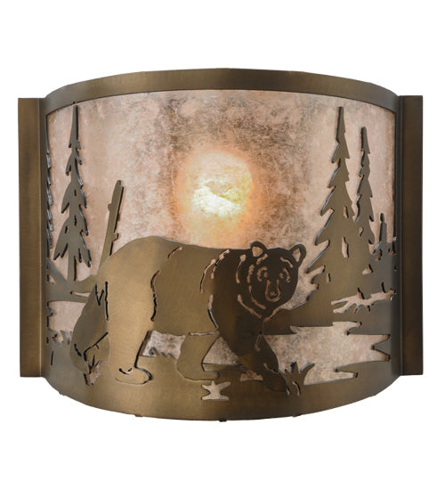 Meyda Lighting Northwoods Bear at Lake 12" Antique Copper Wall Sconce With Silver Mica Shade Glass