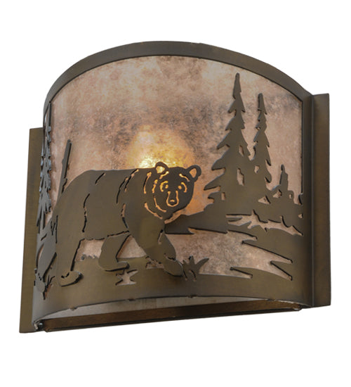 Meyda Lighting Northwoods Bear at Lake 12" Antique Copper Wall Sconce With Silver Mica Shade Glass