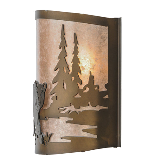 Meyda Lighting Northwoods Bear at Lake 12" Antique Copper Wall Sconce With Silver Mica Shade Glass