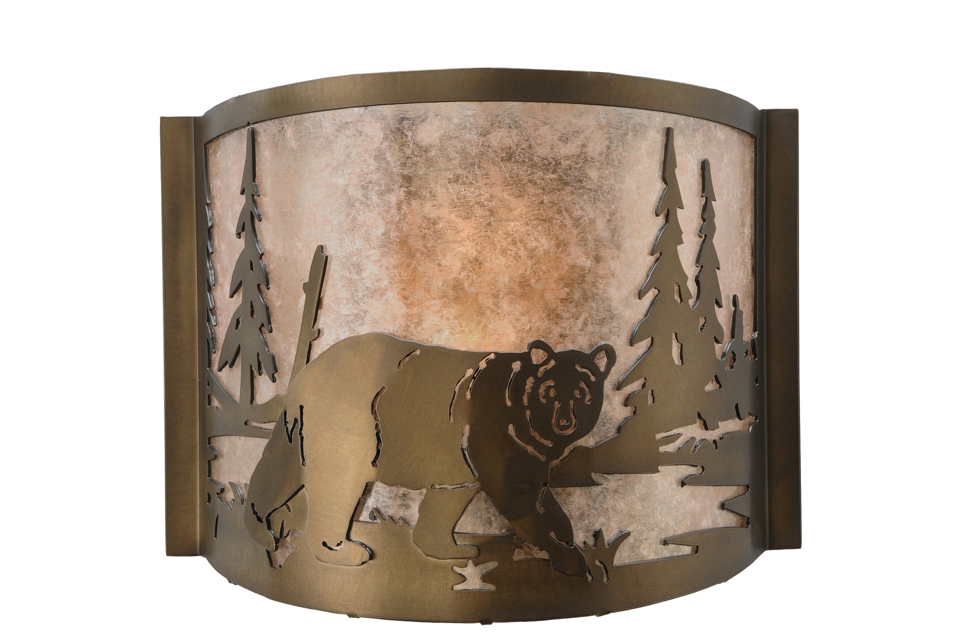Meyda Lighting Northwoods Bear at Lake 12" Antique Copper Wall Sconce With Silver Mica Shade Glass