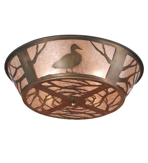 Meyda Lighting Northwoods Duck 22" 4-Light Antique Copper Flush Mount Light With Silver Mica Shade Glass