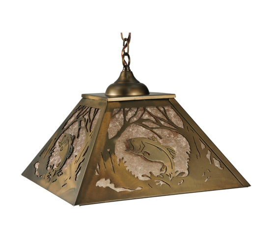 Meyda Lighting Northwoods Leaping Bass 16"Sq 2-Lights Antique Copper Pendant Light With Silver Mica Shade Glass