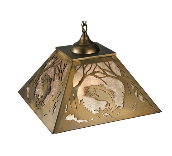 Meyda Lighting Northwoods Leaping Bass 16"Sq 2-Lights Antique Copper Pendant Light With Silver Mica Shade Glass