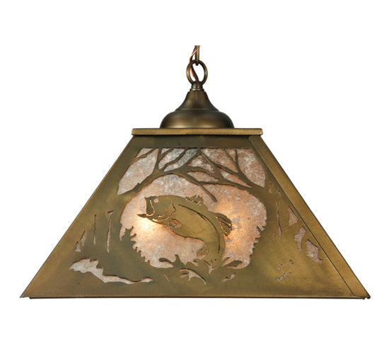 Meyda Lighting Northwoods Leaping Bass 16"Sq 2-Lights Antique Copper Pendant Light With Silver Mica Shade Glass