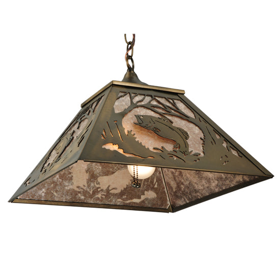 Meyda Lighting Northwoods Leaping Bass 16"Sq 2-Lights Antique Copper Pendant Light With Silver Mica Shade Glass