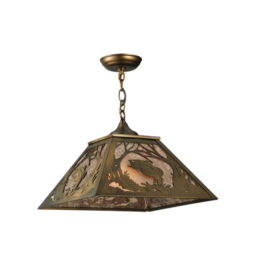 Meyda Lighting Northwoods Leaping Bass 16"Sq 2-Lights Antique Copper Pendant Light With Silver Mica Shade Glass