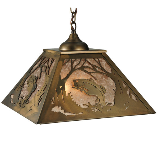 Meyda Lighting Northwoods Leaping Bass 16"Sq 2-Lights Antique Copper Pendant Light With Silver Mica Shade Glass