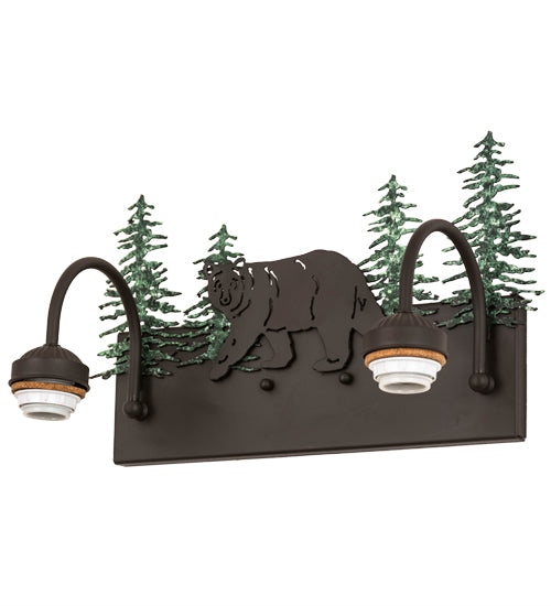 Meyda Lighting Northwoods Lone Bear 16" 2-Light Oil Rubbed Bronze & Green Trees Vanity Light With White Opal Shade Glass