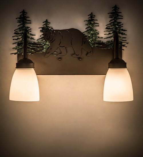 Meyda Lighting Northwoods Lone Bear 16" 2-Light Oil Rubbed Bronze & Green Trees Vanity Light With White Opal Shade Glass