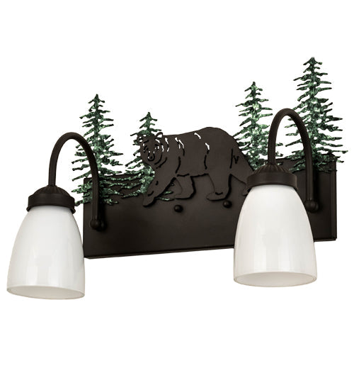 Meyda Lighting Northwoods Lone Bear 16" 2-Light Oil Rubbed Bronze & Green Trees Vanity Light With White Opal Shade Glass