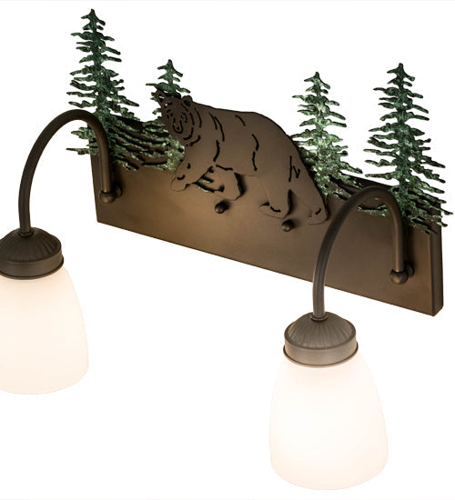 Meyda Lighting Northwoods Lone Bear 16" 2-Light Oil Rubbed Bronze & Green Trees Vanity Light With White Opal Shade Glass