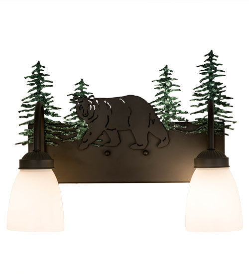 Meyda Lighting Northwoods Lone Bear 16" 2-Light Oil Rubbed Bronze & Green Trees Vanity Light With White Opal Shade Glass