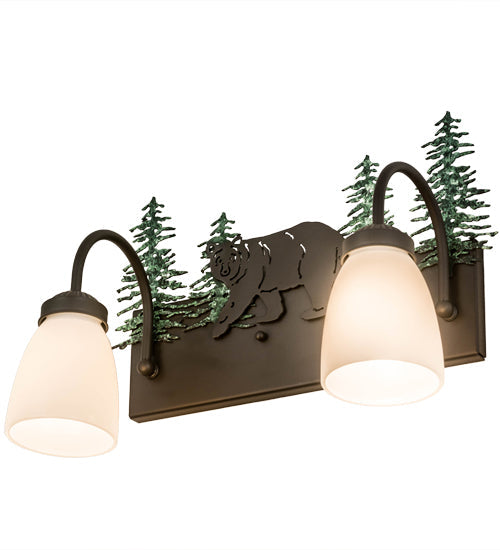 Meyda Lighting Northwoods Lone Bear 16" 2-Light Oil Rubbed Bronze & Green Trees Vanity Light With White Opal Shade Glass