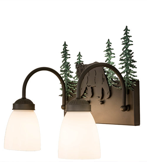 Meyda Lighting Northwoods Lone Bear 16" 2-Light Oil Rubbed Bronze & Green Trees Vanity Light With White Opal Shade Glass