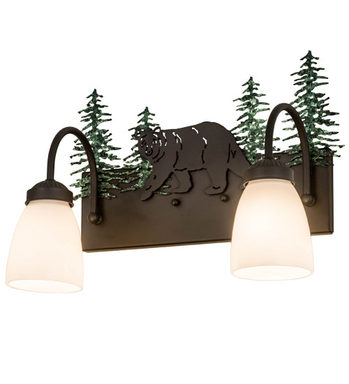 Meyda Lighting Northwoods Lone Bear 16" 2-Light Oil Rubbed Bronze & Green Trees Vanity Light With White Opal Shade Glass