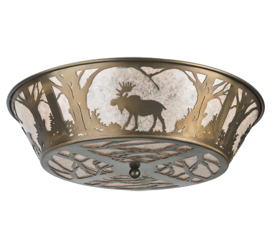 Meyda Lighting Northwoods Moose at Dawn 22" 4-Light Antique Copper Flush Mount Light With Silver Mica Shade Glass