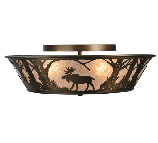 Meyda Lighting Northwoods Moose at Dawn 22" 4-Light Antique Copper Flush Mount Light With Silver Mica Shade Glass