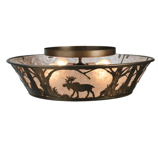 Meyda Lighting Northwoods Moose at Dawn 22" 4-Light Antique Copper Flush Mount Light With Silver Mica Shade Glass