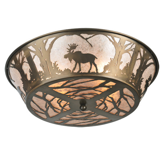 Meyda Lighting Northwoods Moose at Dawn 22" 4-Light Antique Copper Flush Mount Light With Silver Mica Shade Glass